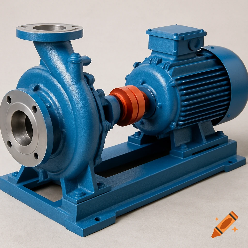 A bright blue centrifugal pump with an orange coupling on a gray background, in a clean, detailed photorealistic style.