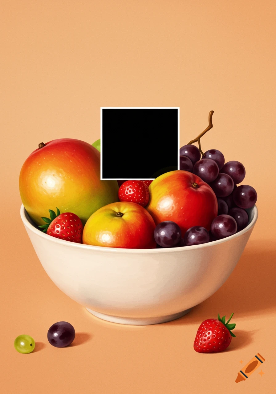 A white bowl filled with assorted fruits, including mangoes, apples, strawberries, and grapes, with a black square in the center.