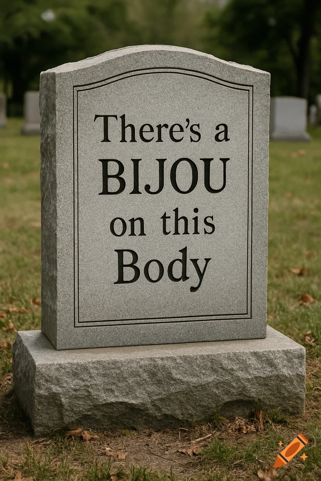 A gray tombstone in a grassy cemetery with the words "There's a BIJOU on this Body" inscribed on it.