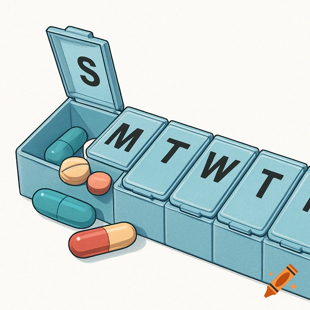 An illustrative drawing of a light blue weekly pill organizer with various colorful pills inside and spilled next to it. Compartments are labeled S, M, T, W, T.
