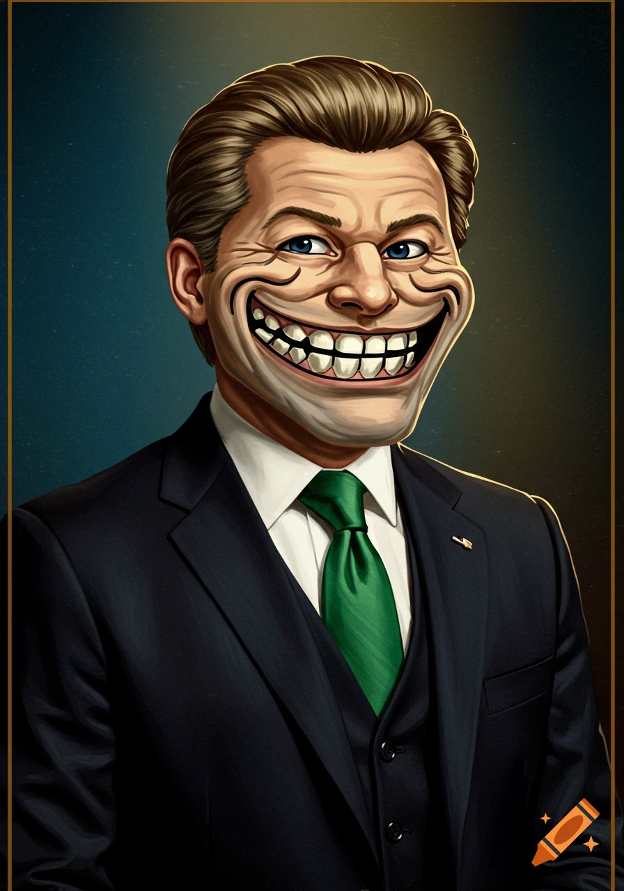 A stylized presidential portrait of a man with a wide, mischievous 'trollface' meme expression, wearing a dark suit and green tie.