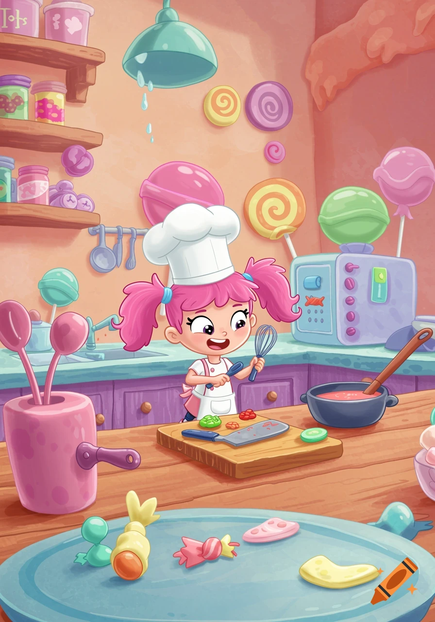 A cartoon girl with pink pigtails and a chef's hat mixes ingredients in a colorful kitchen full of candy.