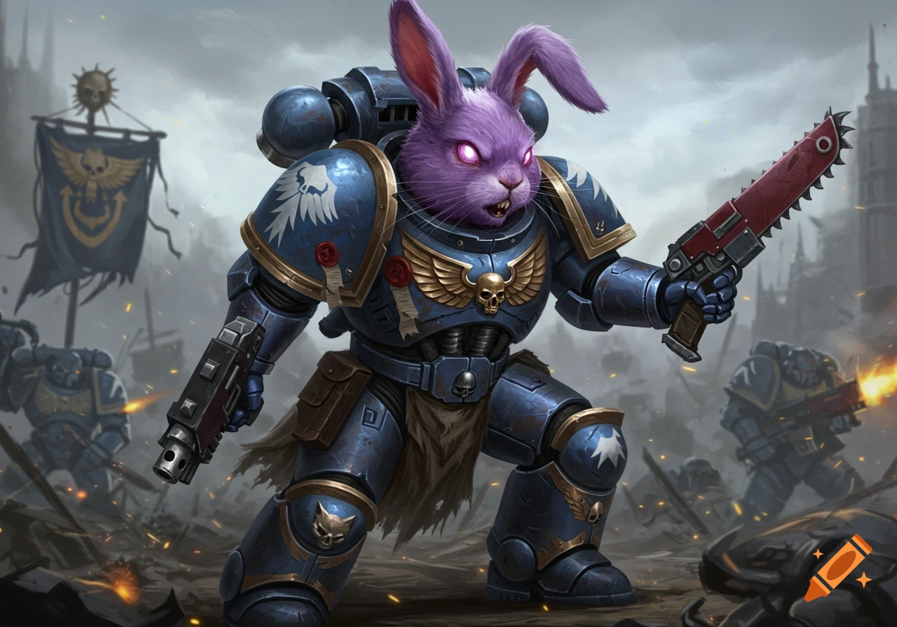 A purple rabbit-headed Space Marine in blue Warhammer 40k armor stands in a battle scene, holding a pistol and a chainsword.