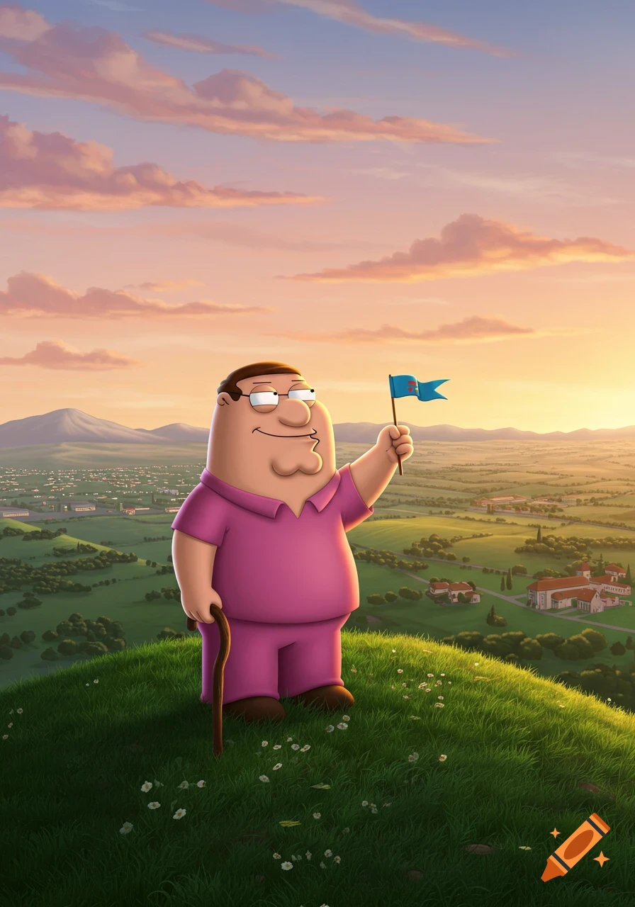 Peter Griffin from Family Guy standing on a grassy hill holding a small blue flag and a cane, overlooking a town at sunset.