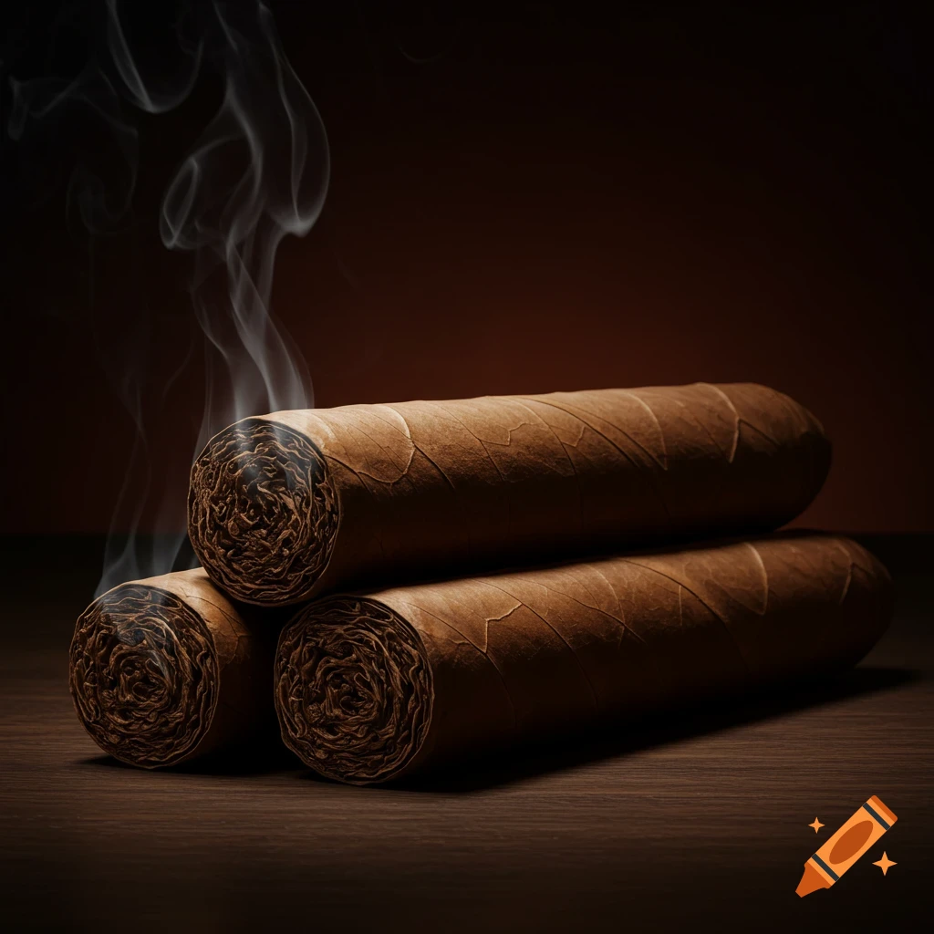 Three hand-rolled cigars with smoke rising on a dark background.