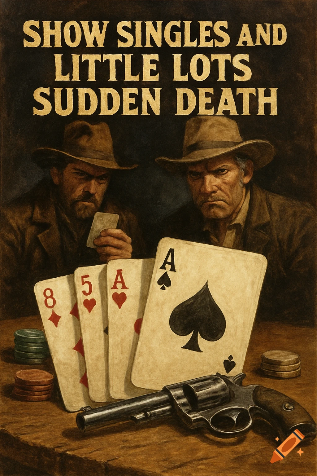 Two grim cowboys playing poker with a gun on the table under text 'SHOW SINGLES AND LITTLE LOTS SUDDEN DEATH' in a vintage Western style.