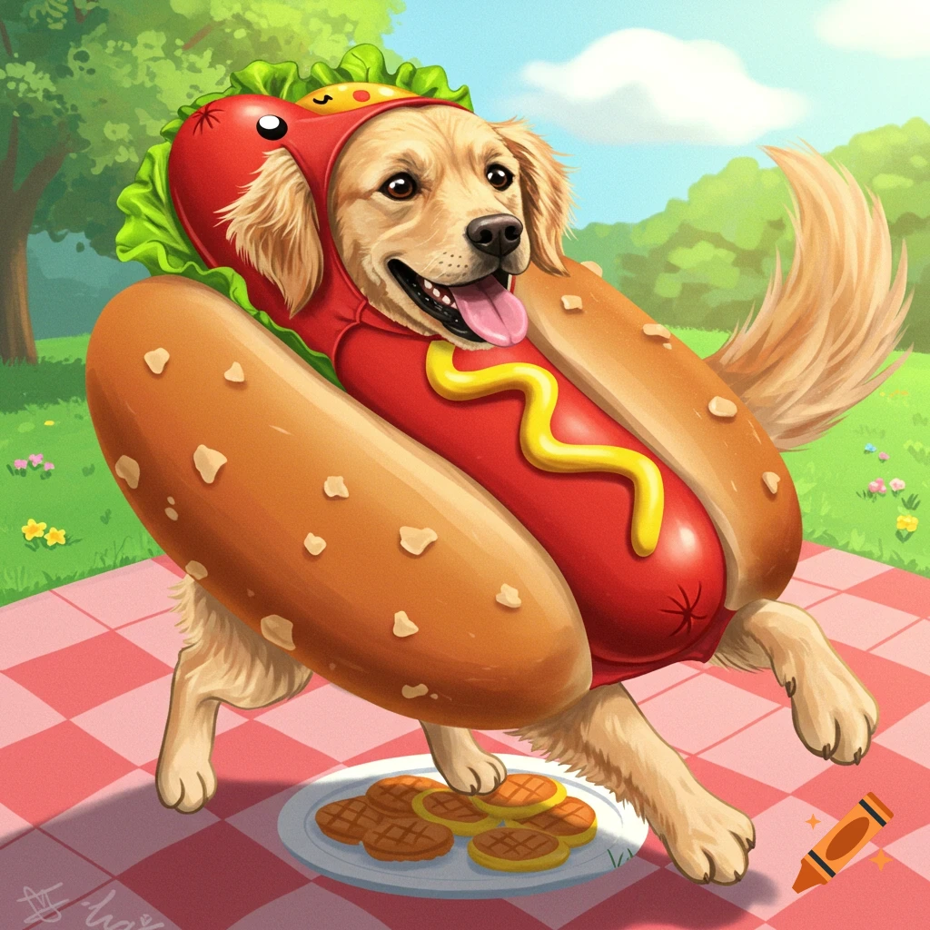 A golden retriever wearing a hot dog costume runs on a red and white checkered picnic blanket in a grassy park.