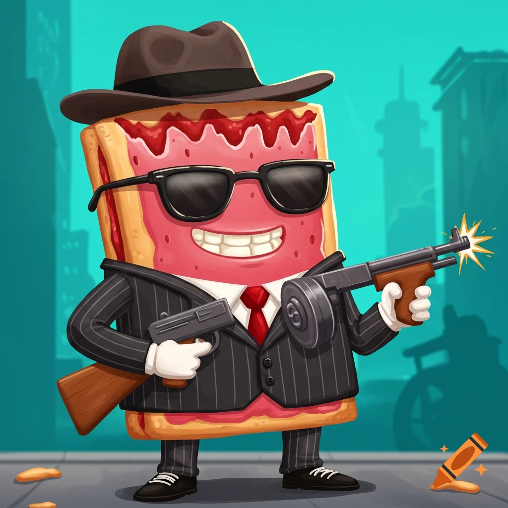 A cartoon pop-tart character wearing a fedora, sunglasses, and pinstripe suit, holding a Tommy gun and a handgun, standing on a street.