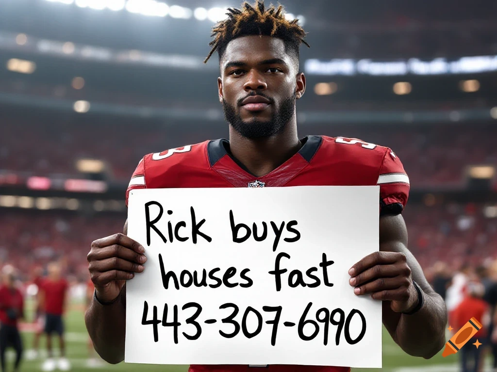 A photorealistic image of a football player in a red jersey holding a white sign in a stadium that reads 'Rick buys houses fast 443-307-6990'.