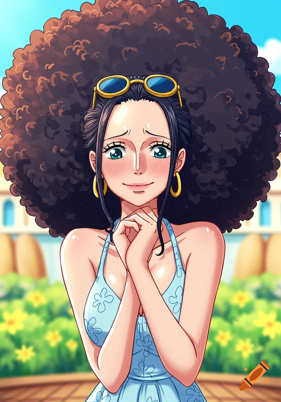 Anime illustration of Nico Robin from One Piece with a large afro, sunglasses, and an embarrassed expression, wearing a light blue dress. on Craiyon Anime illustration of Nico Robin from One Piece with a large afro, sunglasses, and an embarrassed expression, wearing a light blue dress. on Craiyon