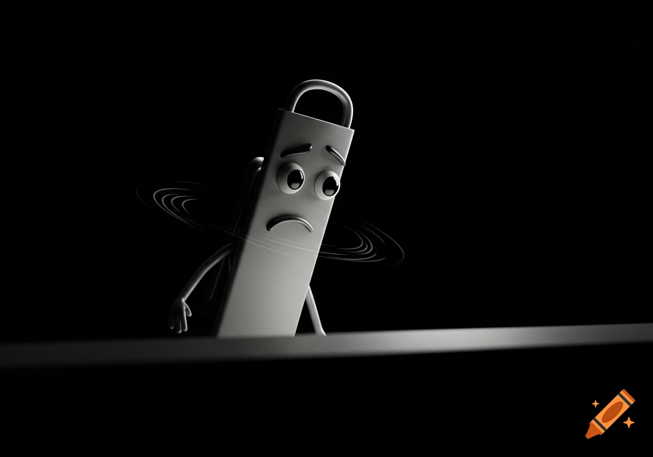 A sad, anthropomorphic paperclip character, resembling Microsoft Clippy, rendered in 3D against a dark background, with swirling lines around it.