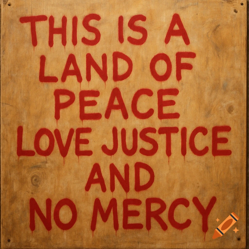 Red spray-painted text on a wooden board reads 'THIS IS A LAND OF PEACE LOVE JUSTICE AND NO MERCY'.