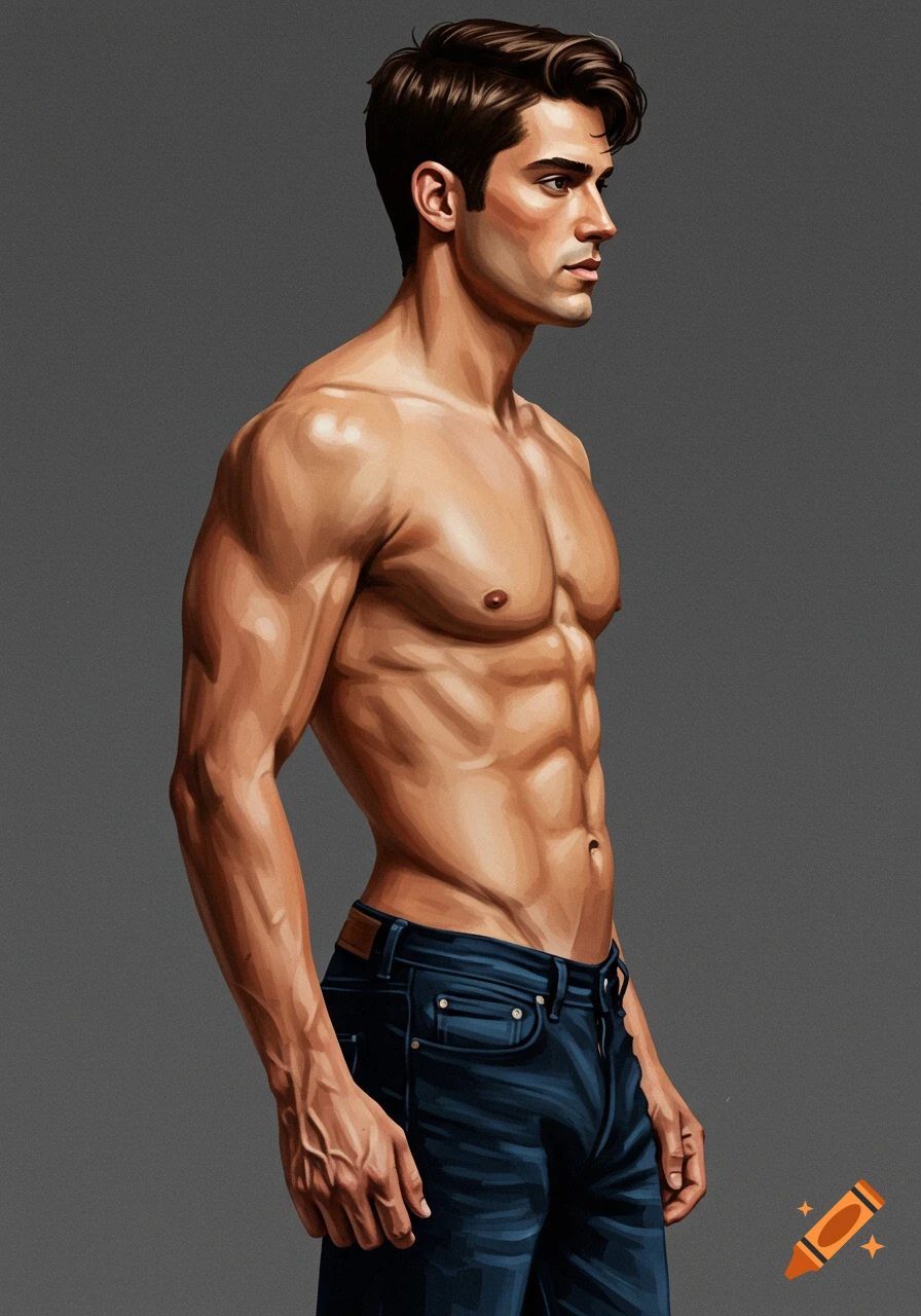 A digitally painted shirtless muscular man in jeans, standing in profile on a gray background.