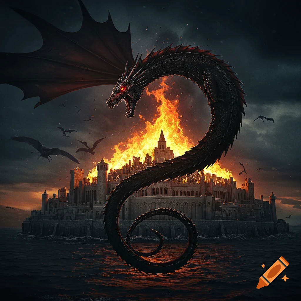 A colossal black dragon with red eyes coils around a burning castle on ...
