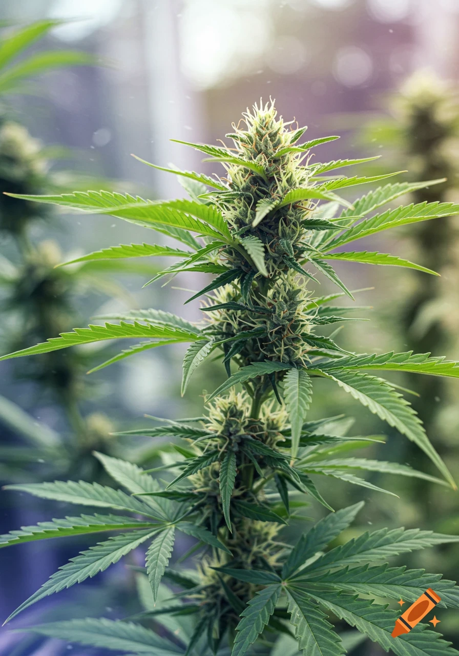 Close-up of a vibrant green cannabis plant with developing buds.