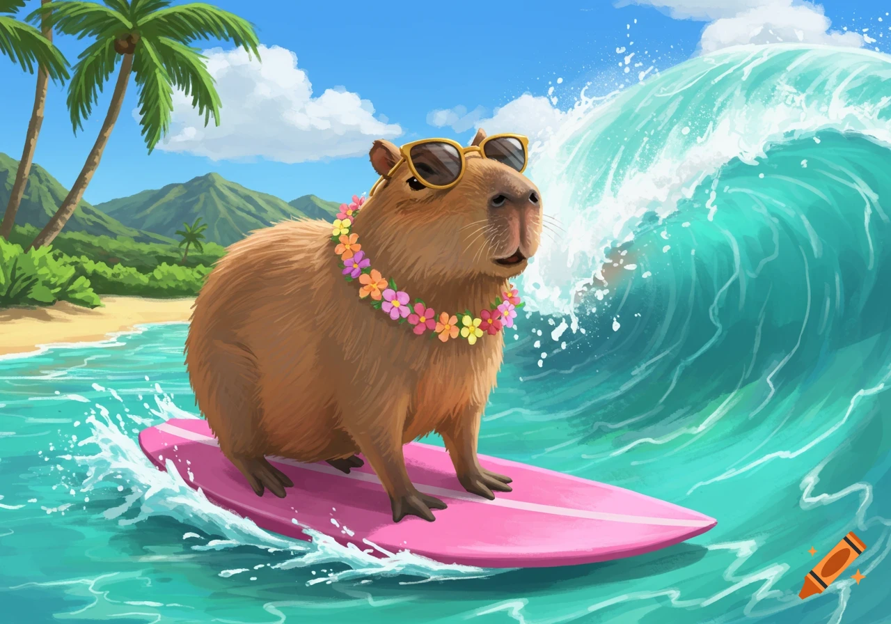 A cheerful capybara wearing sunglasses and a lei surfs a large wave on a pink surfboard near a tropical beach.