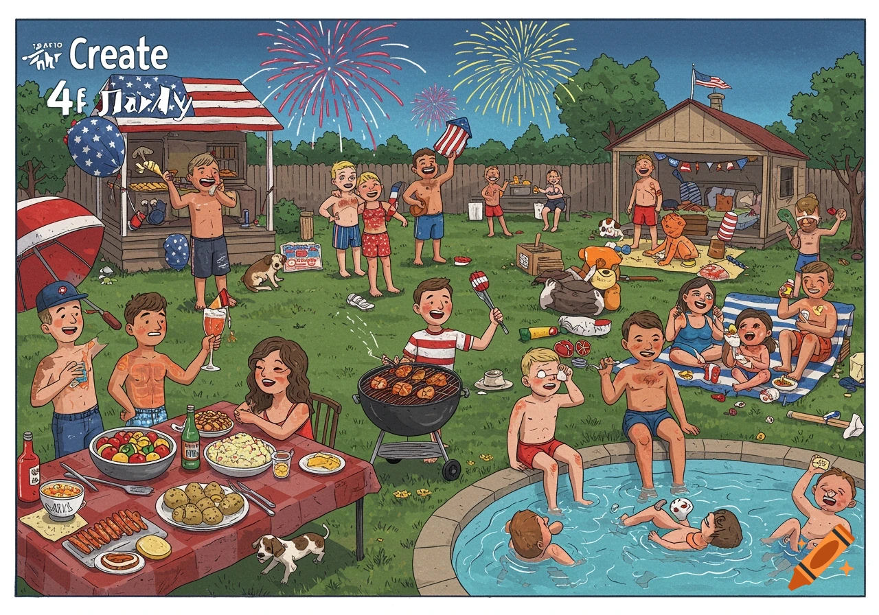 An illustrated backyard 4th of July party with fireworks, grilling, a pool, and people celebrating.