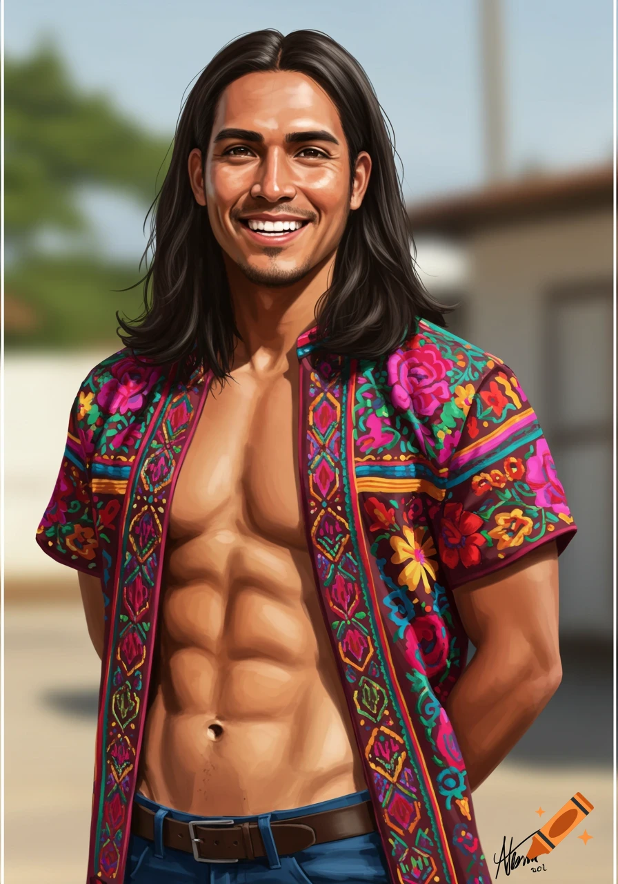 A digital painting of a smiling man with long dark hair and visible abs, wearing an open, colorful patterned shirt.