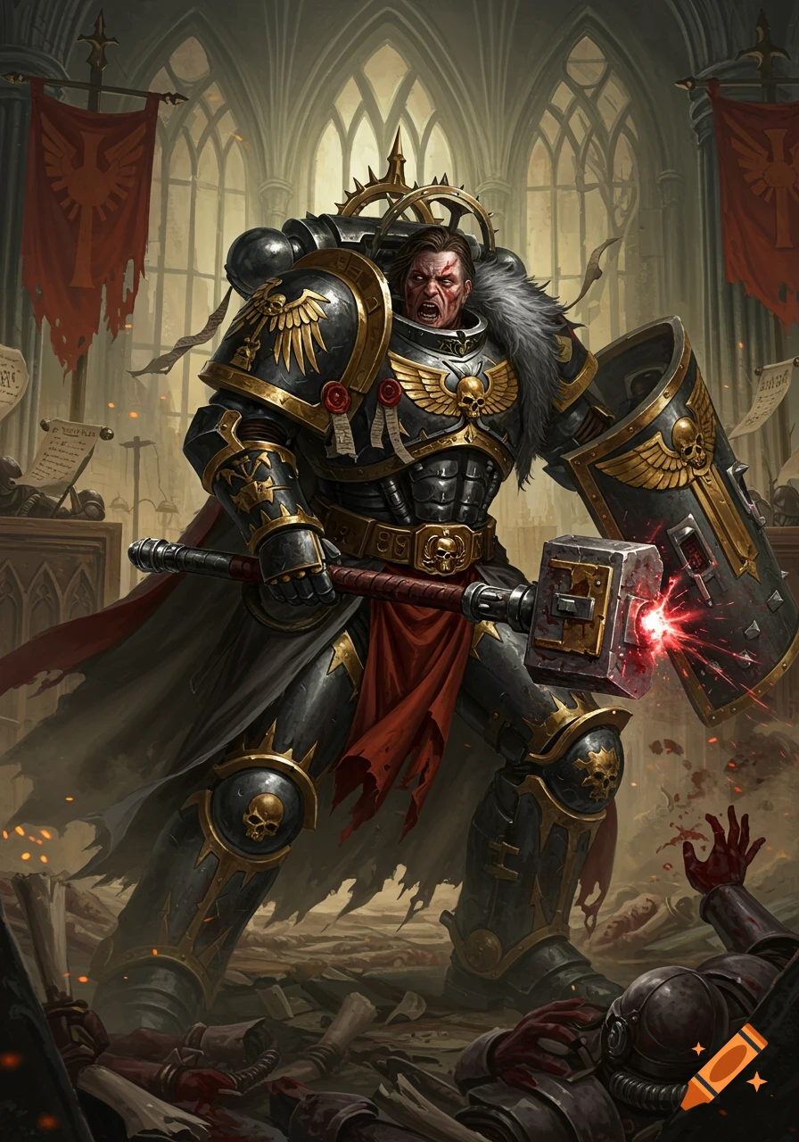 A heavily armored warrior from Warhammer 40k wields a glowing power hammer and a shield amidst defeated foes in a gothic, ruined chamber, in a digital painting style.
