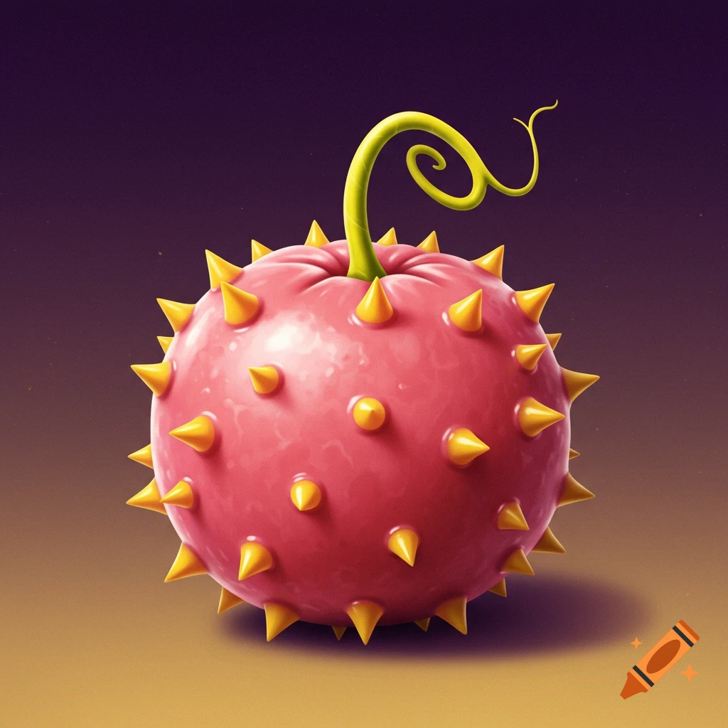 A vibrant pink, round fruit covered in sharp yellow spikes, with a winding yellow stem on top, against a dark purple background.