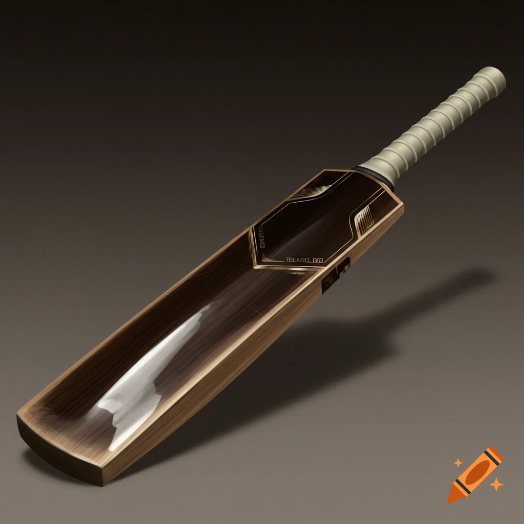 A close-up, angled view of a modern wooden cricket bat with a light-colored grip against a dark background.