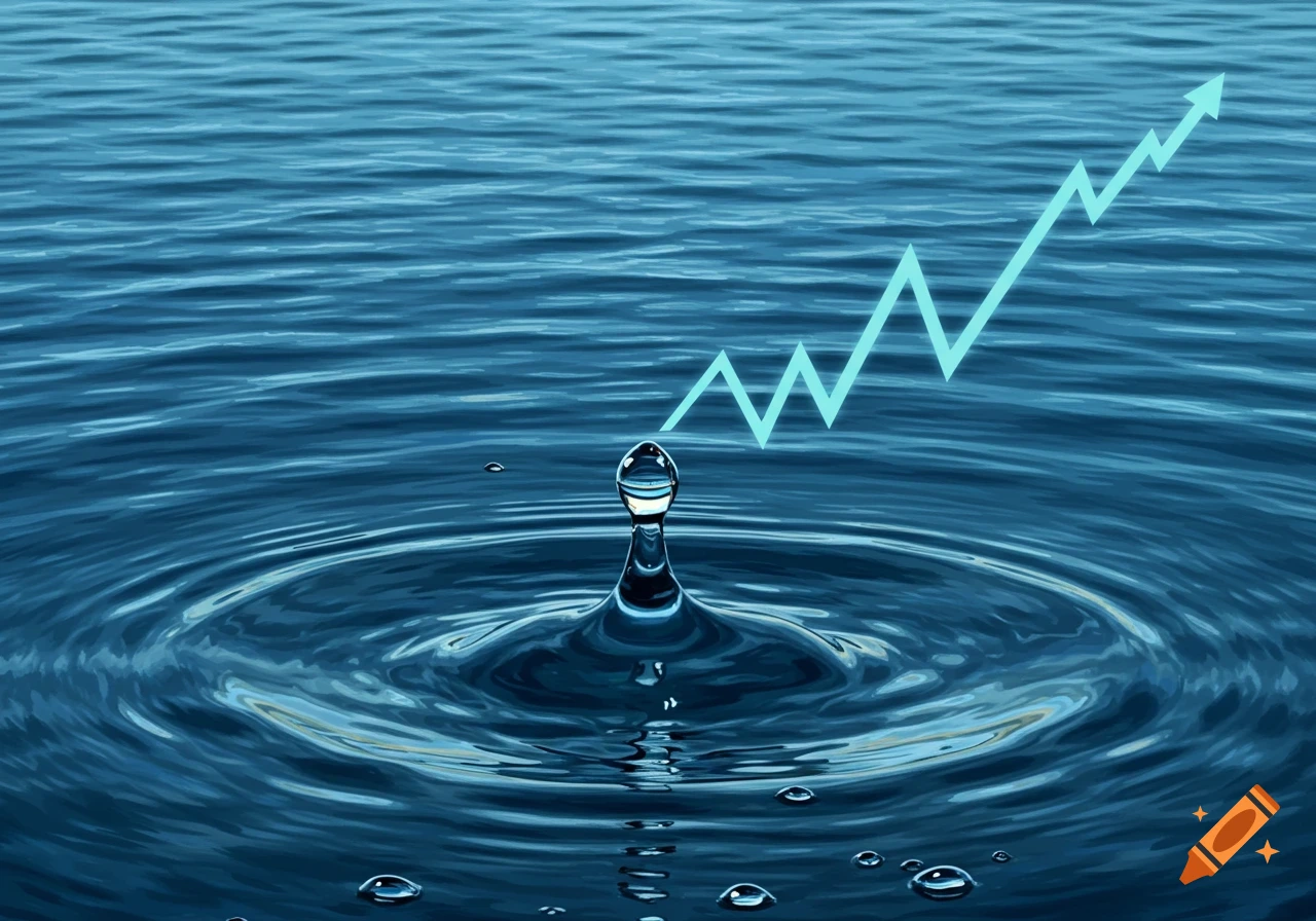 A single water droplet creates ripples on a blue surface, with a jagged light blue upward-trending line graph extending from it.