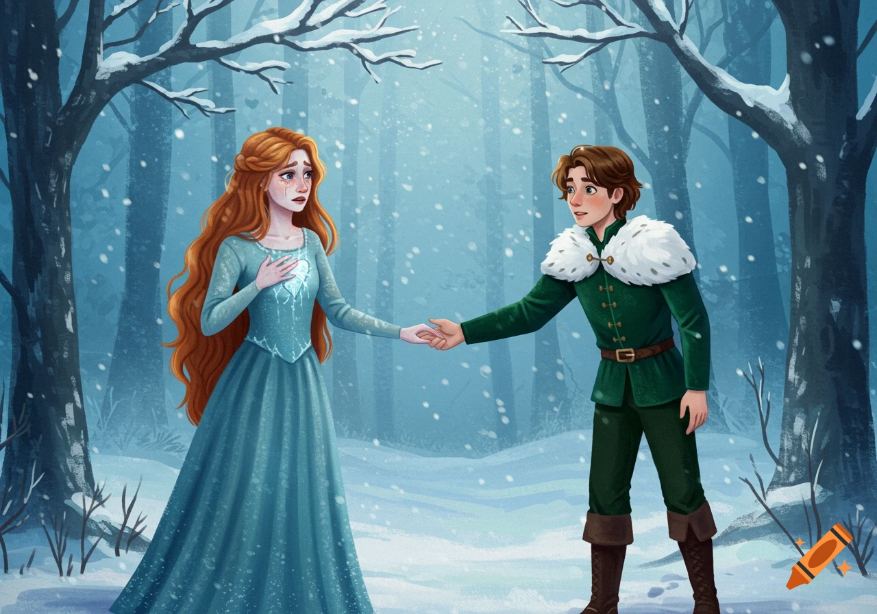 A red-haired woman in a teal dress with a frozen heart symbol on her chest holds hands with a young prince in a green outfit, standing in a snowy forest.