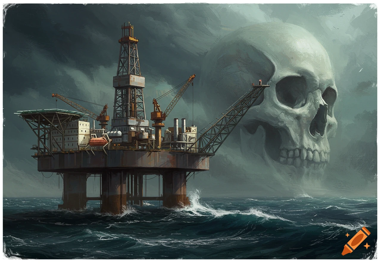 An industrial oil rig on a stormy sea with a giant, ghostly skull looming in the misty background, in a dark, illustrated style.
