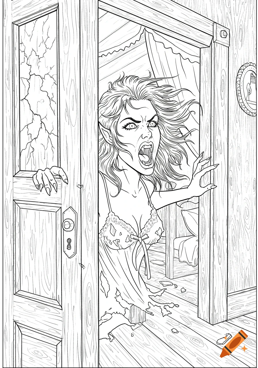 A black-and-white line art drawing of a female vampire with wild hair and fangs, bursting through a splintering wooden door in a torn nightie.