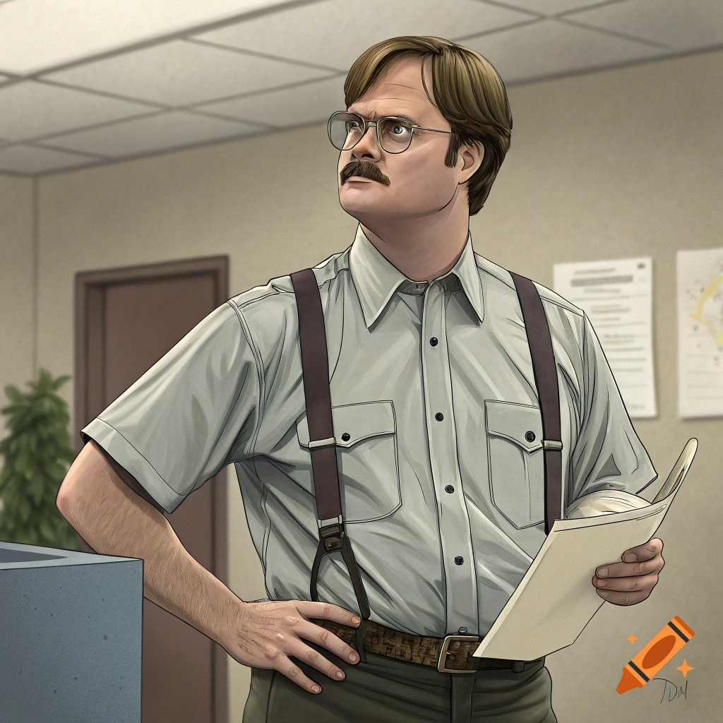 Illustrated portrait of Dwight Schrute, a man with a mustache and glasses, in an office holding papers, looking stern.
