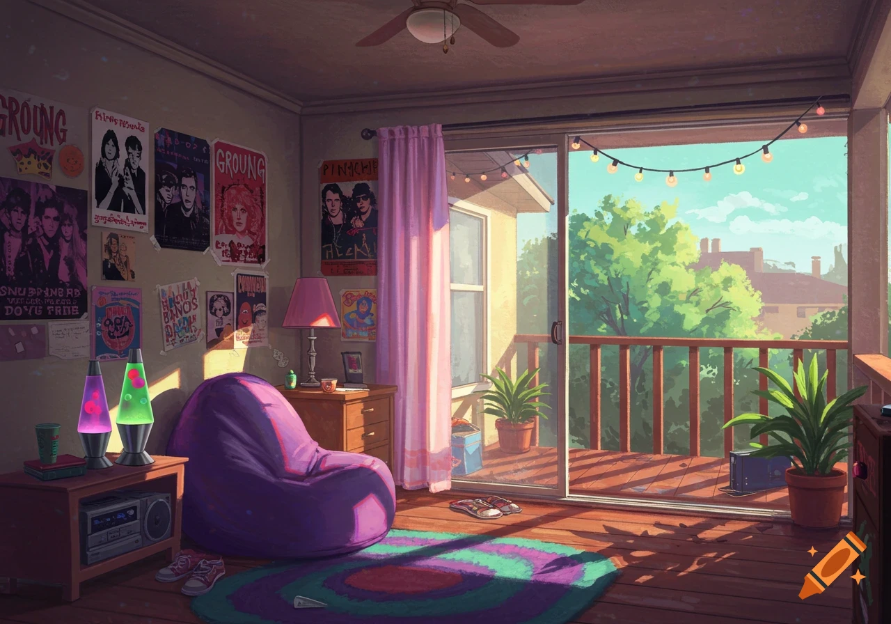 A colorful, retro-style room with posters, lava lamps, and a purple beanbag chair, lit by sunlight from a balcony door.