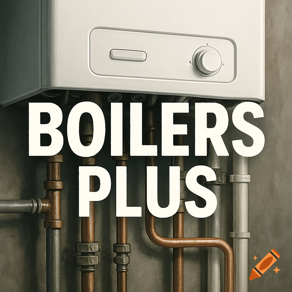 Close-up of a white gas boiler with copper and silver pipes, featuring the prominent text 'BOILERS PLUS'.