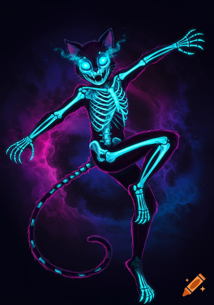 A stylized black cat-like creature with glowing blue bones and eyes against a vibrant purple and blue cosmic background.