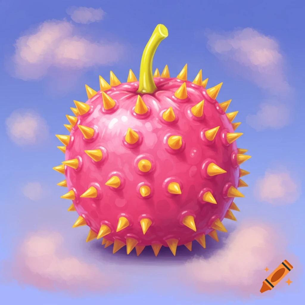 A vibrant pink spiky round fruit with a yellow stem floats in a blue sky with soft pink clouds, in an illustrated style.