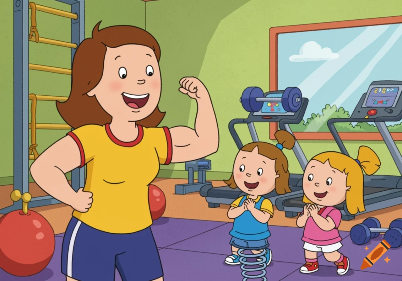 A cartoon mother flexes her bicep as two young children happily watch her in a gym.
