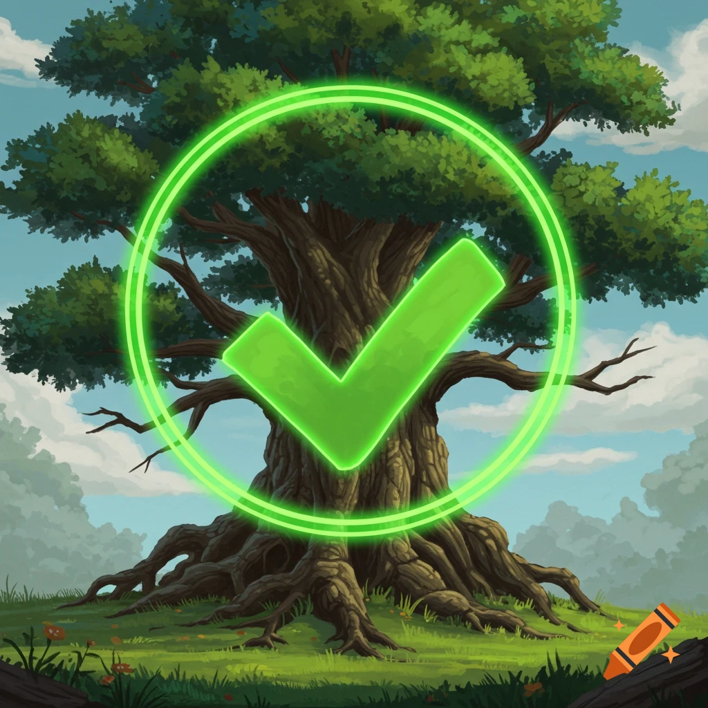An old oak tree with large roots in a grassy field, featuring a glowing green checkmark enclosed in a circle in the foreground, in an illustrated style.