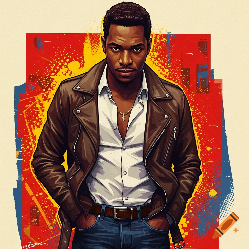 A stylized illustration of a man in a brown leather jacket and white shirt against a vibrant red, yellow, and blue abstract background.