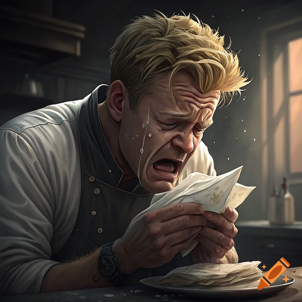 Gordon Ramsay crying intensely while eating wet napkins in a kitchen.