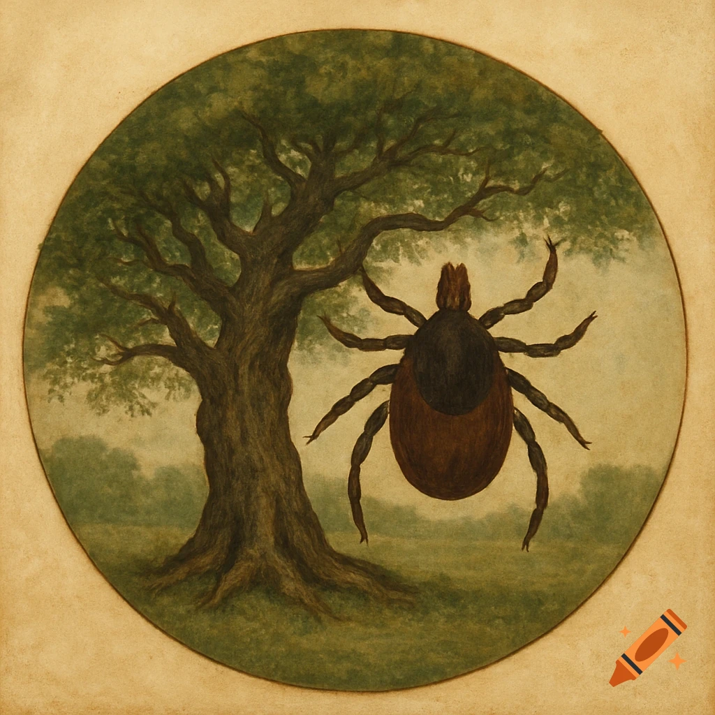 An illustration of a large brown tick next to an old oak tree, both contained within a circular frame.