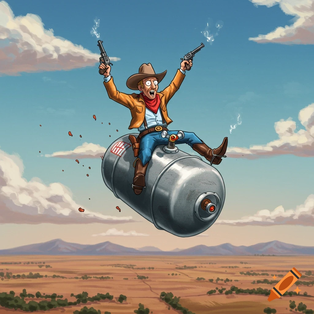 A cartoon cowboy, reminiscent of Hank Hill, rides a propane tank through the sky, shooting two revolvers over a desert landscape.