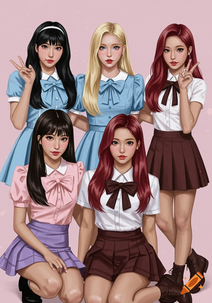 A digital illustration of five young women in Kpop-inspired school uniforms, with varied hair colors, posing together.