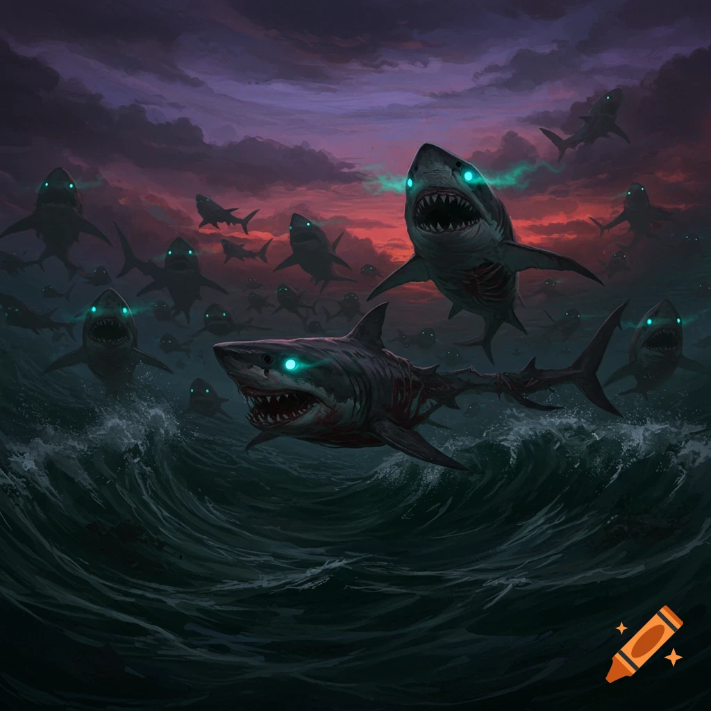 A swarm of undead sharks with glowing eyes emerge from dark, stormy ocean waves under a dramatic twilight sky.