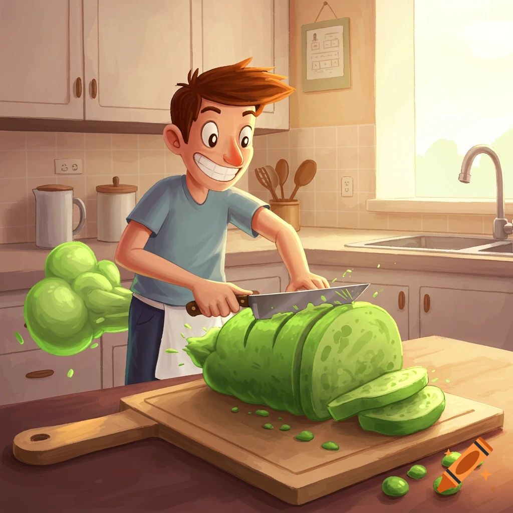 A smiling cartoon man in a kitchen cuts a large green vegetable on a cutting board, with a green fart cloud emanating from behind him.