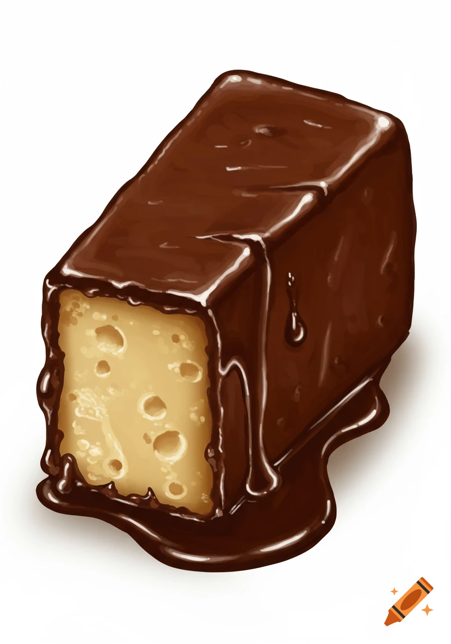A block of light-colored, porous dessert covered in dripping dark chocolate.