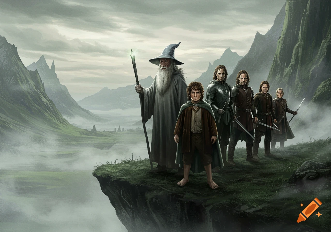 Gandalf, Frodo, Aragorn, and other fellowship members stand on a cliff overlooking a misty, green valley with mountains.