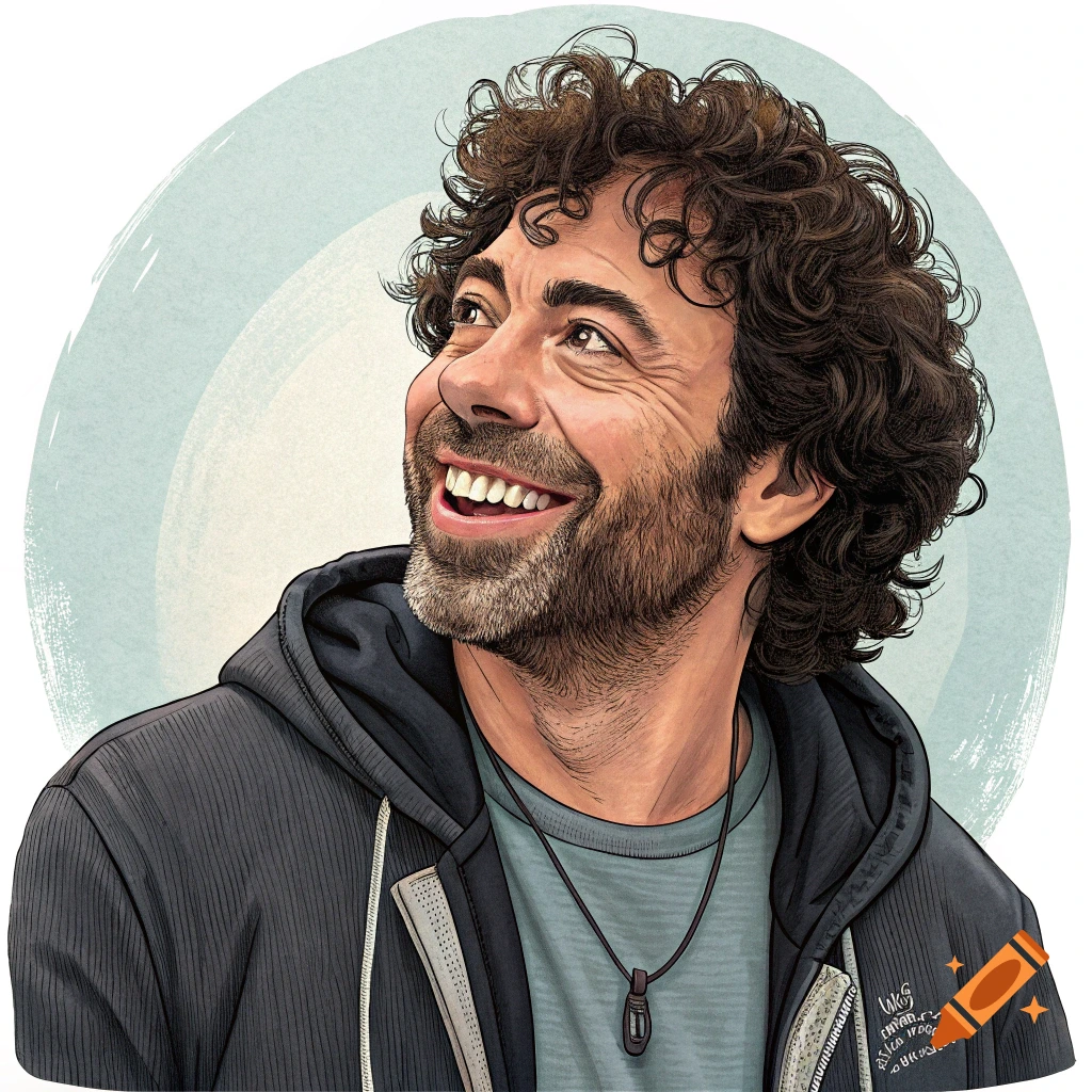 An illustration of a smiling man with curly brown hair and a beard, wearing a hoodie and a necklace, looking upwards.