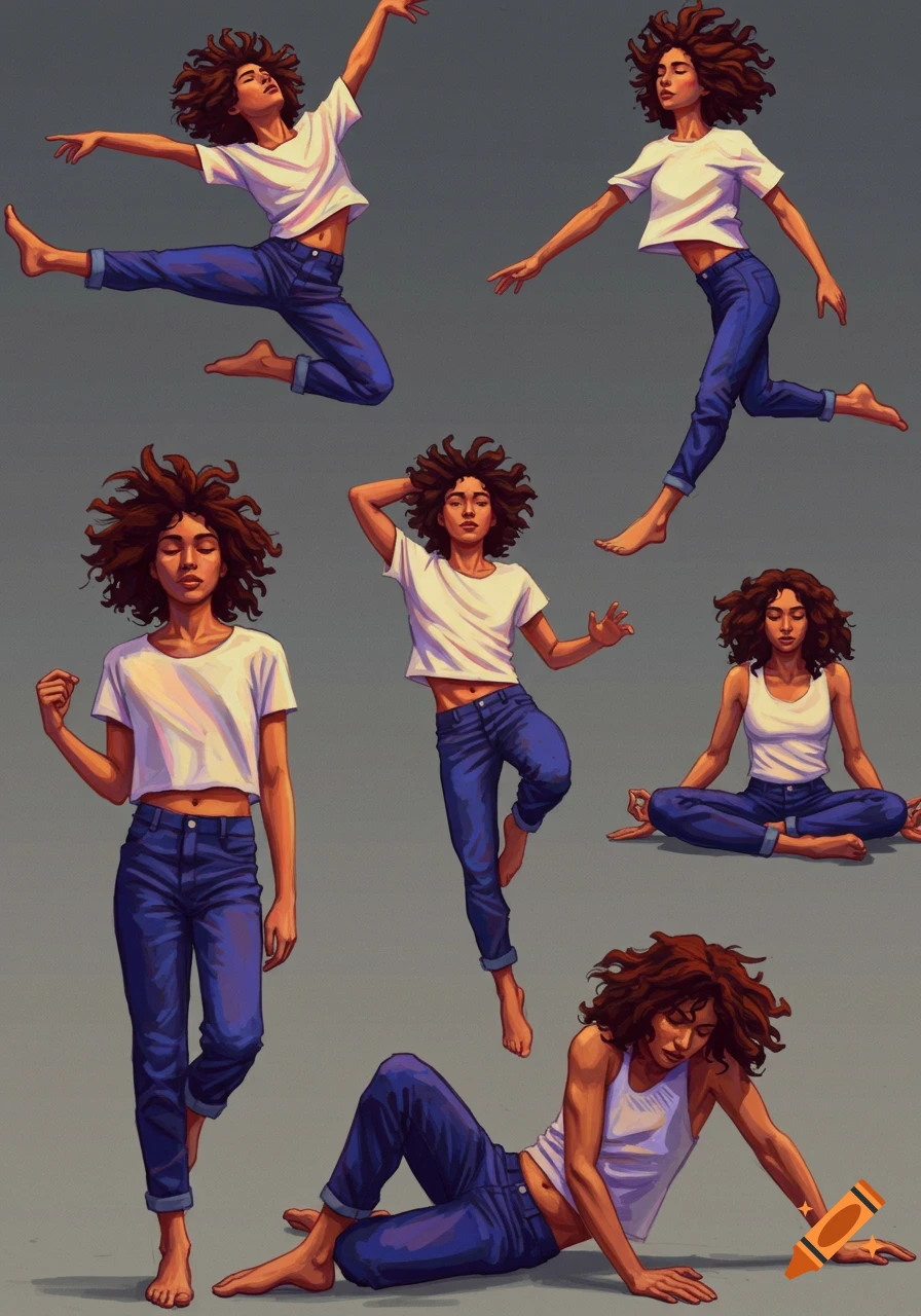 Illustrative painting of a person with curly hair in a white crop top and blue jeans, depicted in multiple dynamic and static poses against a plain background.
