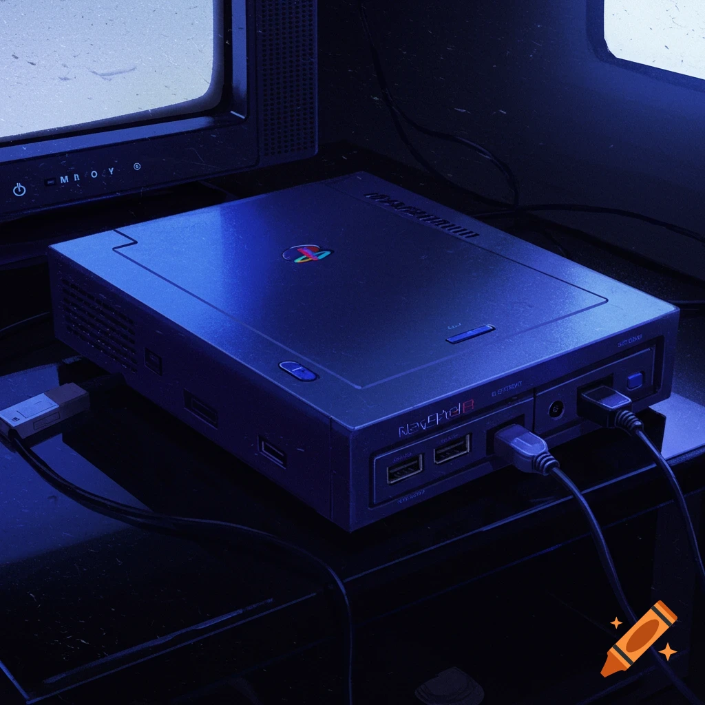 A close-up shot of a retro-style video game console, resembling a PlayStation 2, connected to a CRT monitor in a dimly lit room with blue lighting.