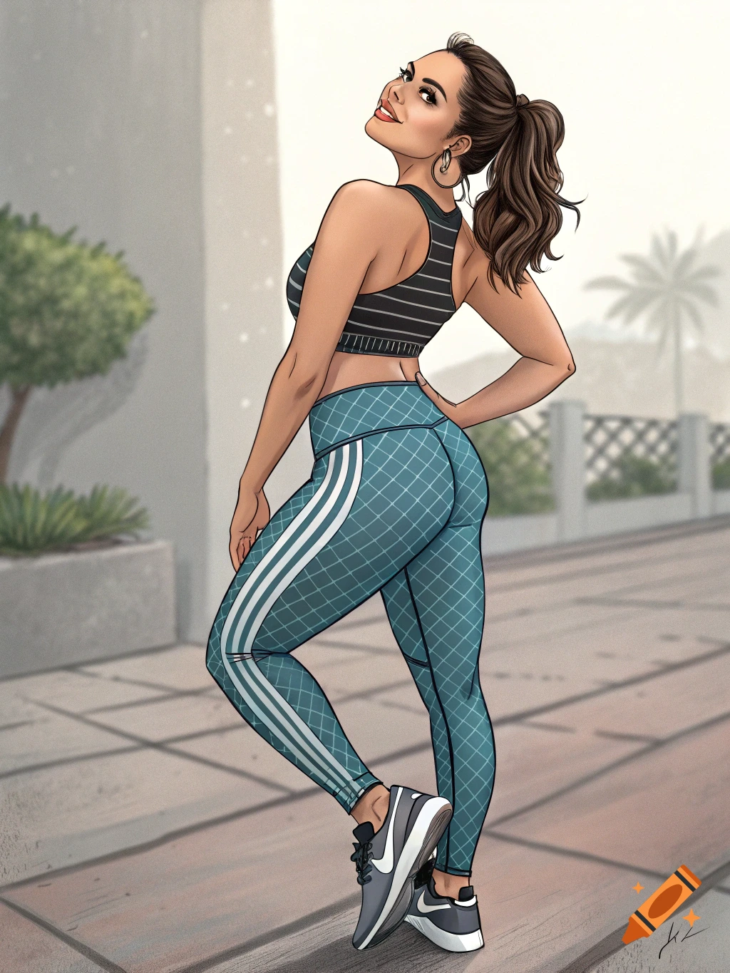 An illustrated woman in a black sports bra and teal leggings poses outdoors, looking back over her shoulder.