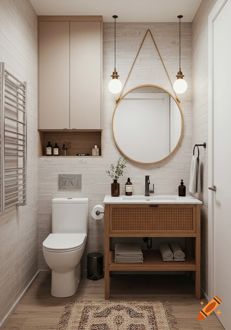 A modern bohemian bathroom with a white toilet, a wooden vanity with rattan drawers, a round mirror, and a towel warmer.